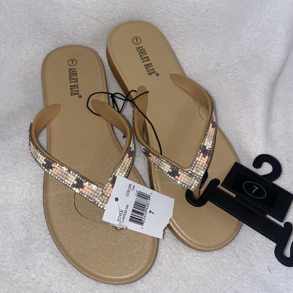 Ashley Blue Rhinestone Beach Bead Theme Flip Flops Sandals 7 Western Boho New - Picture 1 of 6